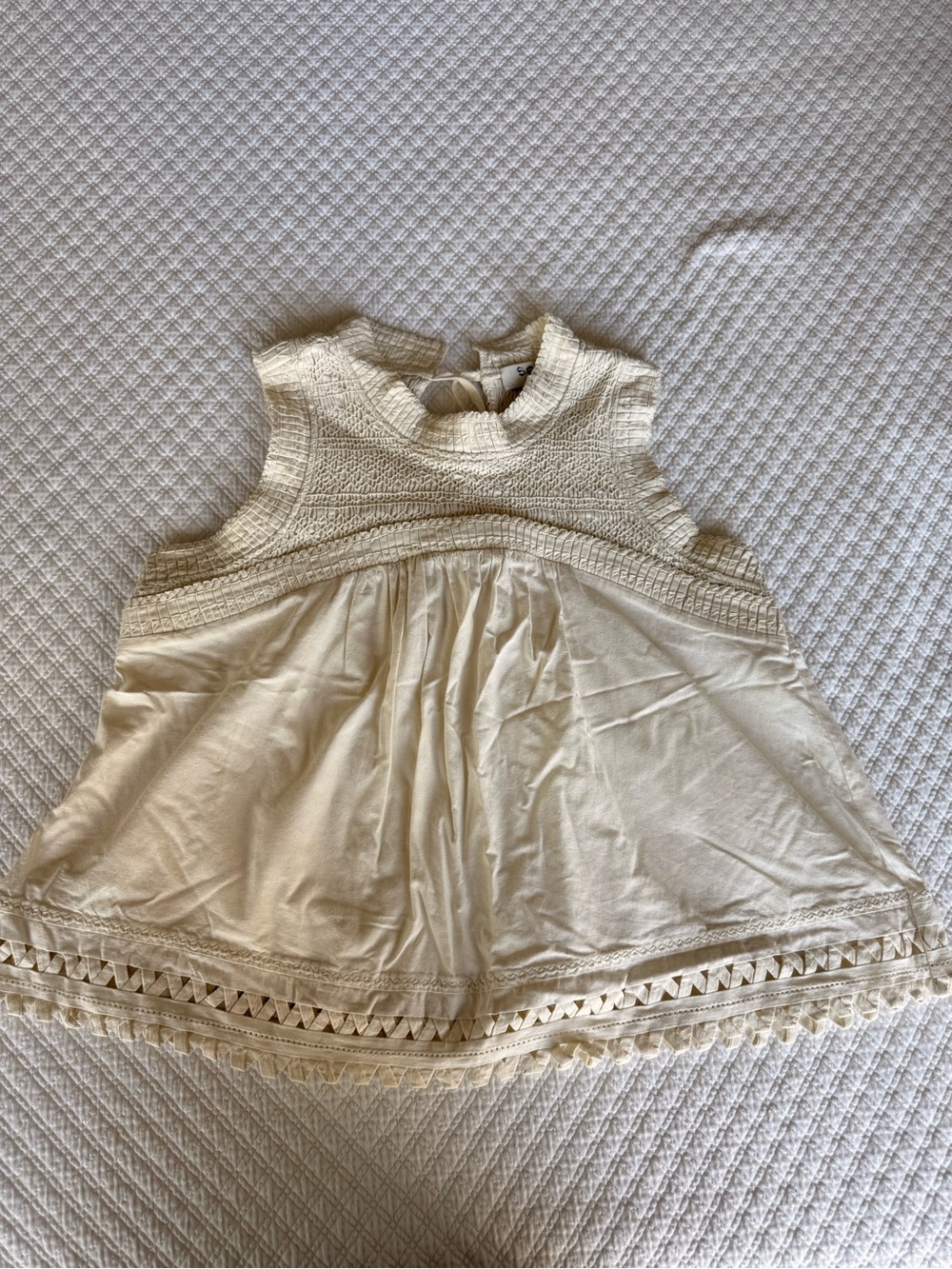 Sea Cream Embroidered Trim Sleeveless Smocked Top